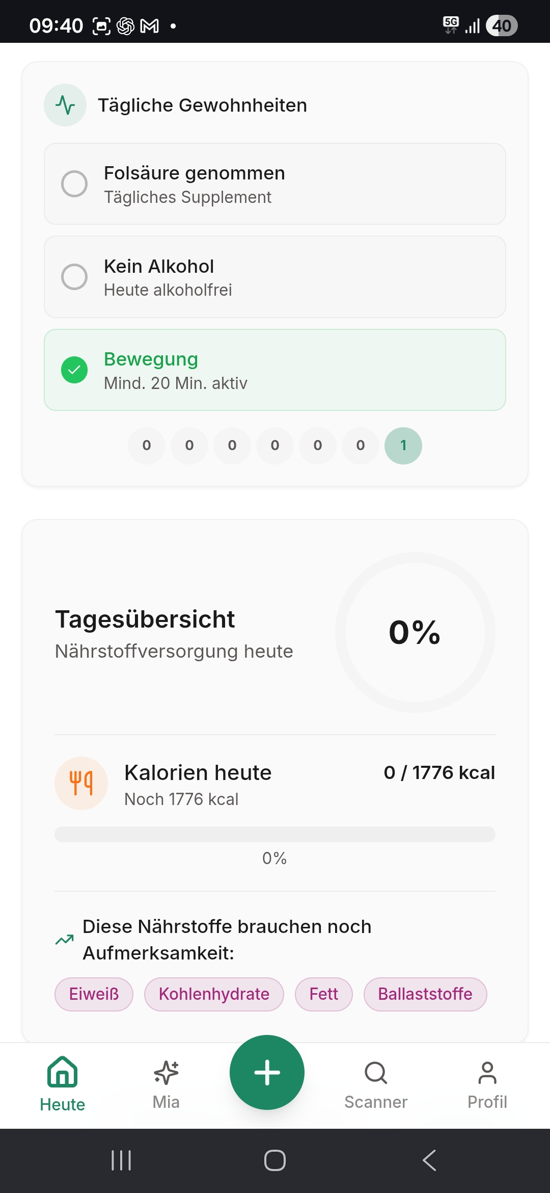 Gewohnheiten-Checkliste mit Bewegung, Streak und Tagesübersicht in MamaNutrition