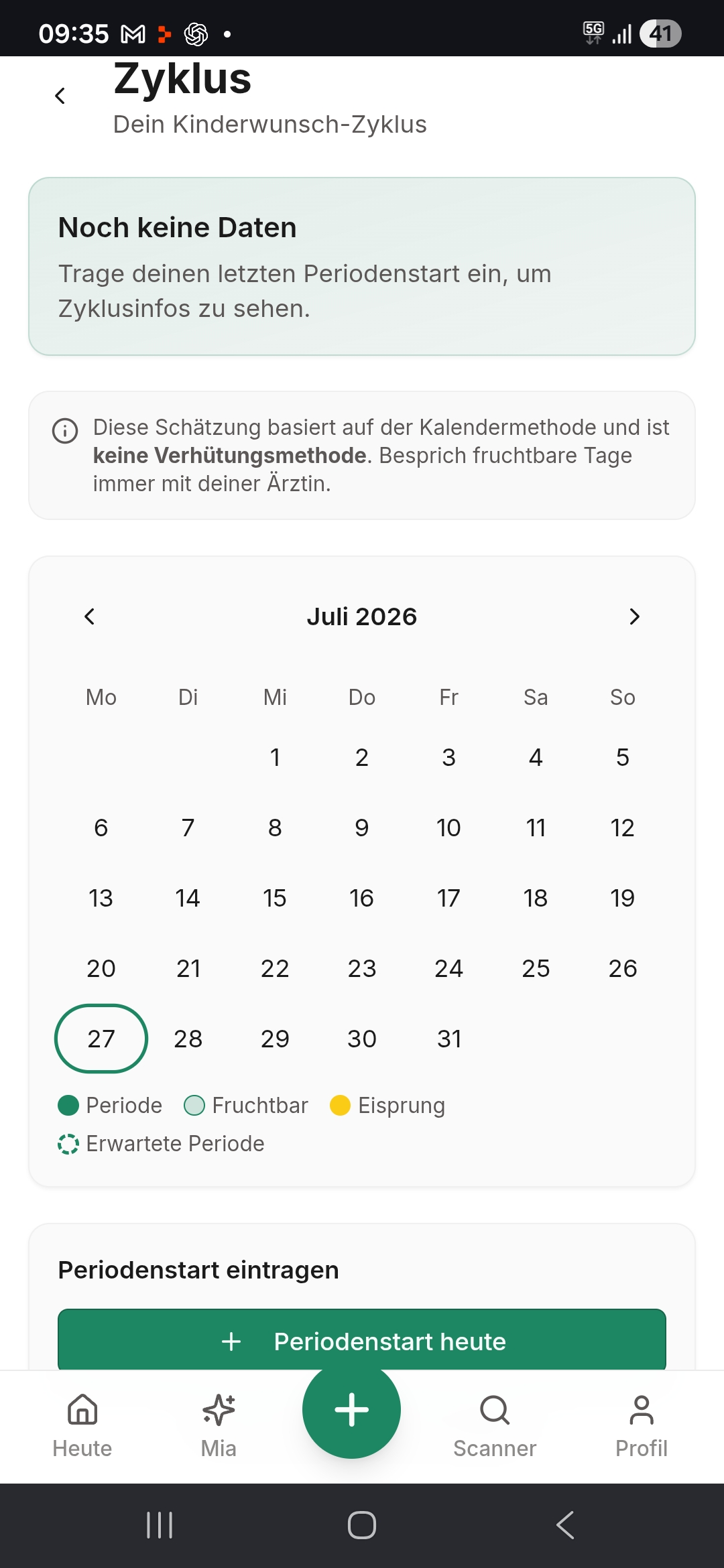 Zyklus-Kalender Übersicht mit fruchtbarem Fenster in MamaNutrition