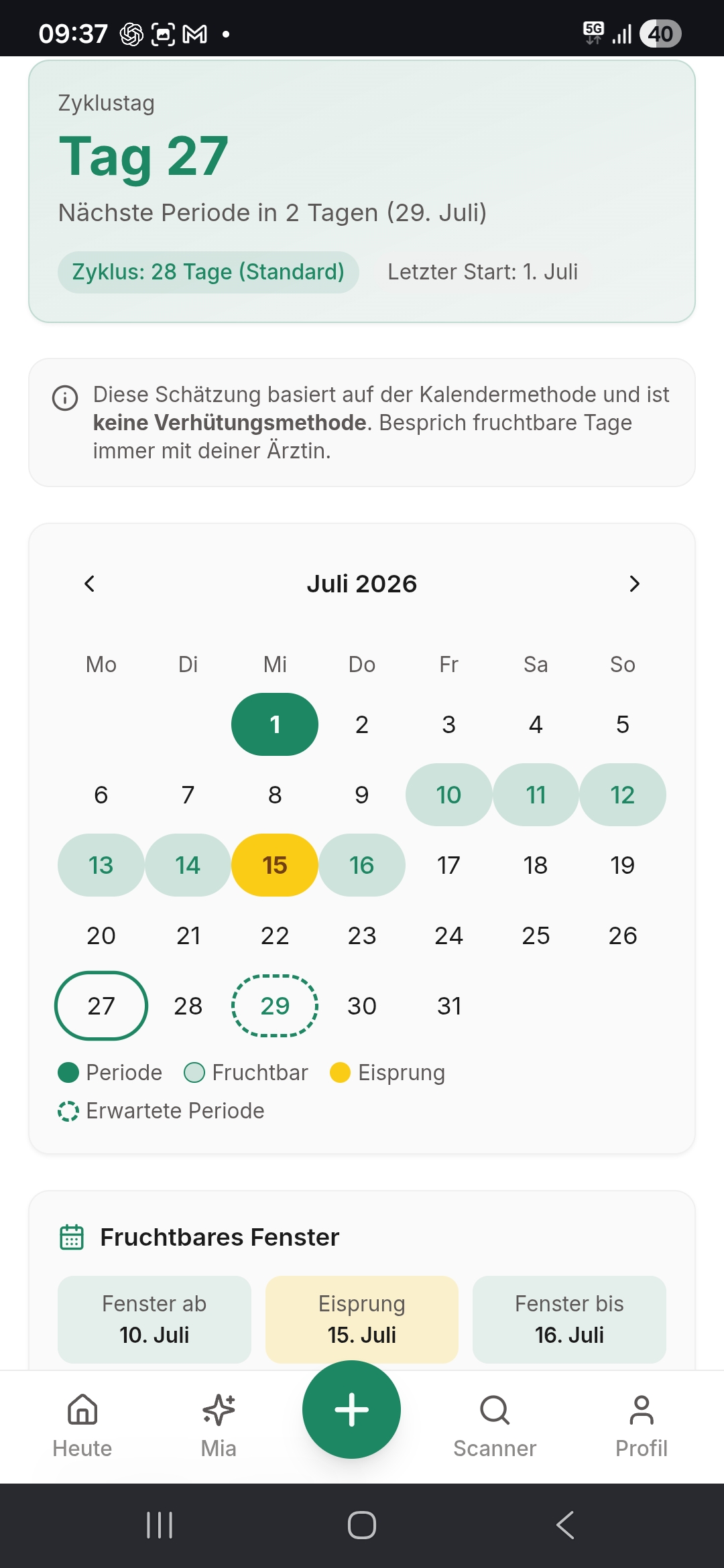 Zyklus-Kalender mit fruchtbarem Fenster in der Kinderwunsch-Phase