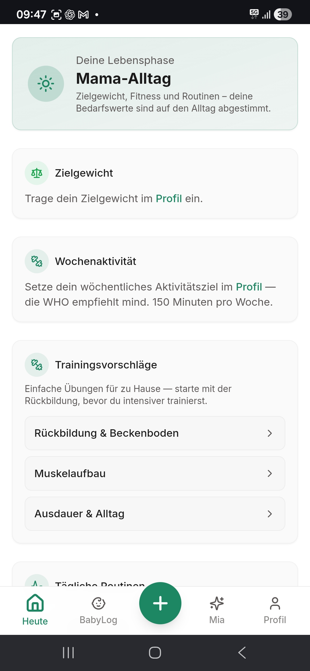 Mama-Alltag-Dashboard mit Zielgewicht und Trainingsvorschlägen
