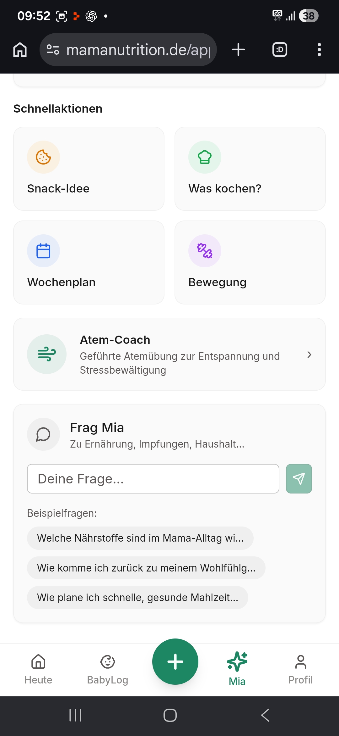 Mia KI-Assistentin mit Mama-Alltag-Fragen in MamaNutrition