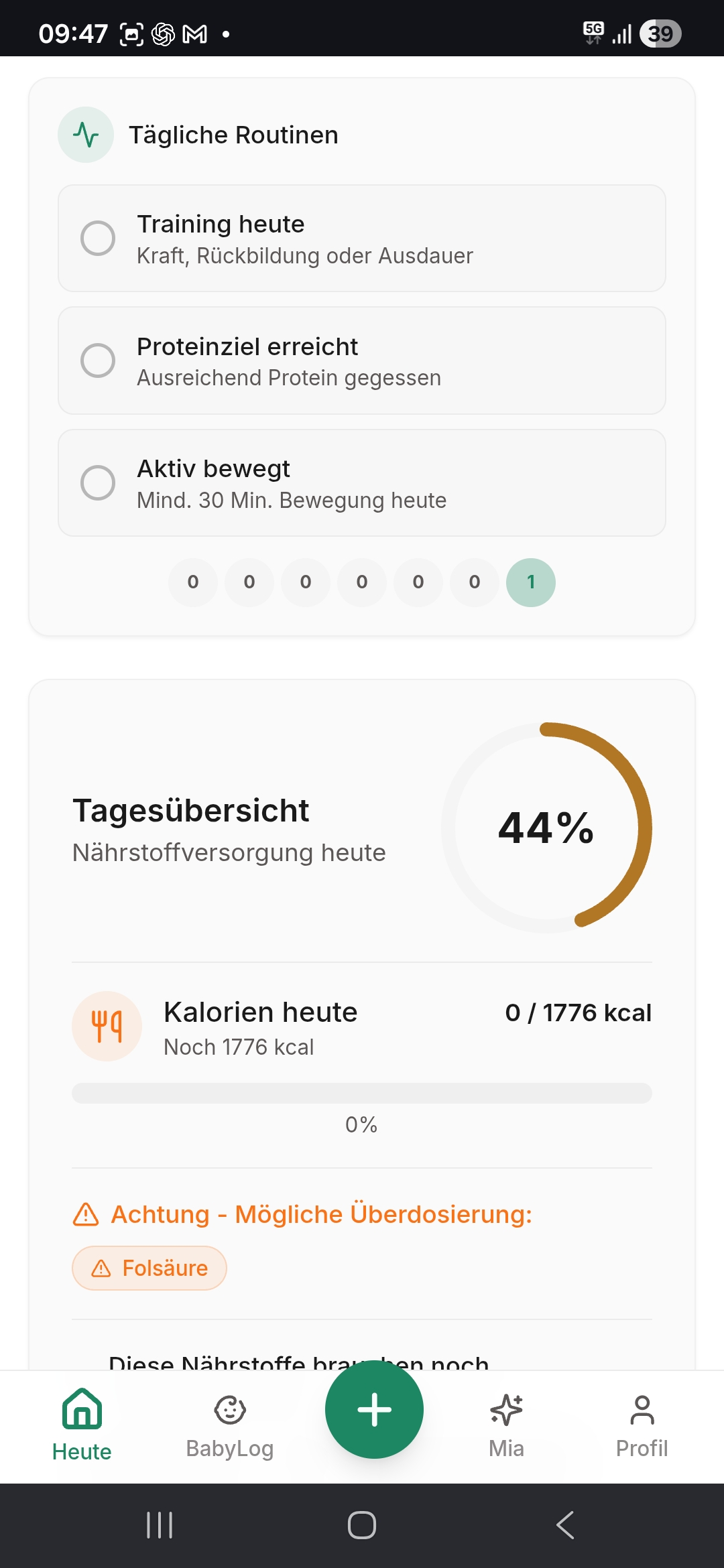 Tägliche Routinen und Tagesübersicht mit Kalorien und Nährstoffen im Mama-Alltag
