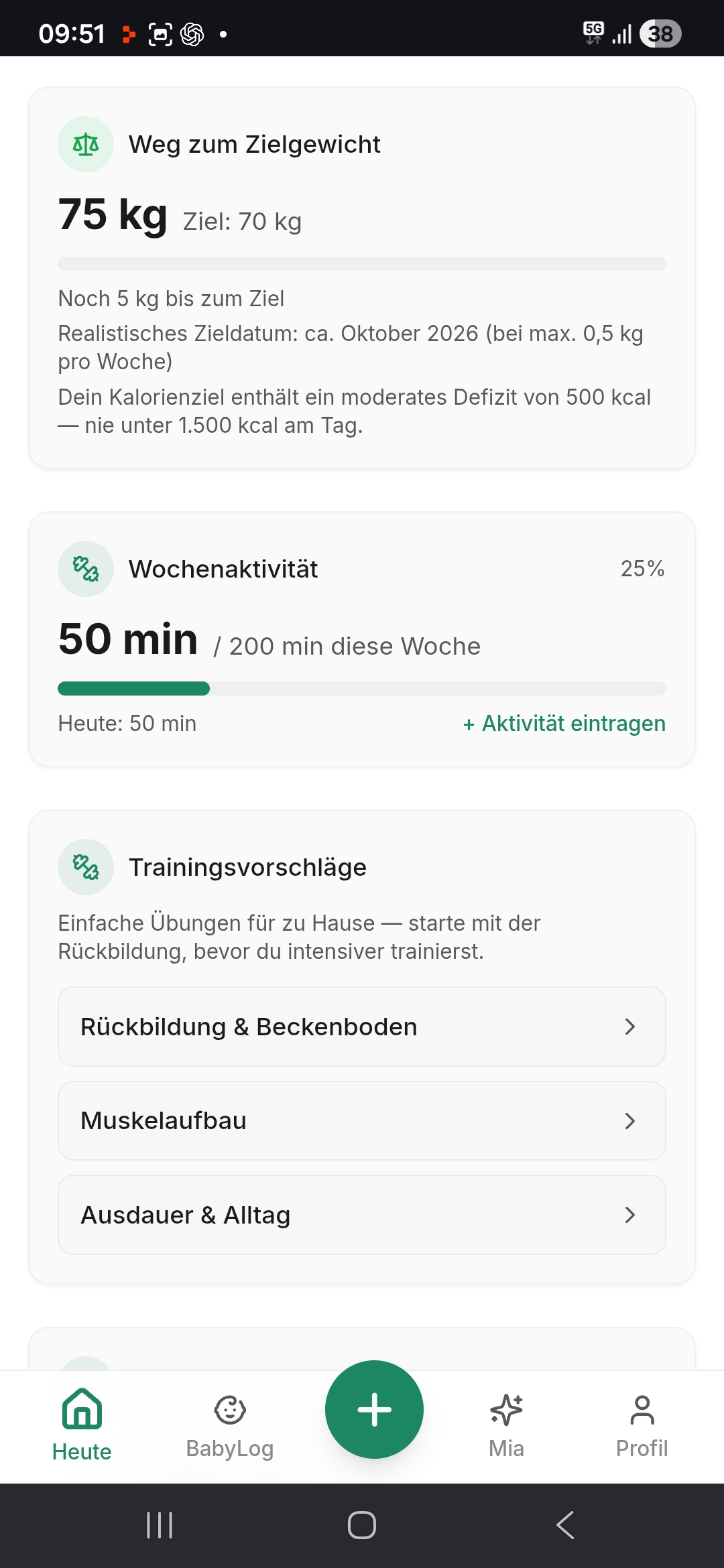 Weg zum Zielgewicht 75→70 kg mit Zieldatum Oktober 2026 in MamaNutrition