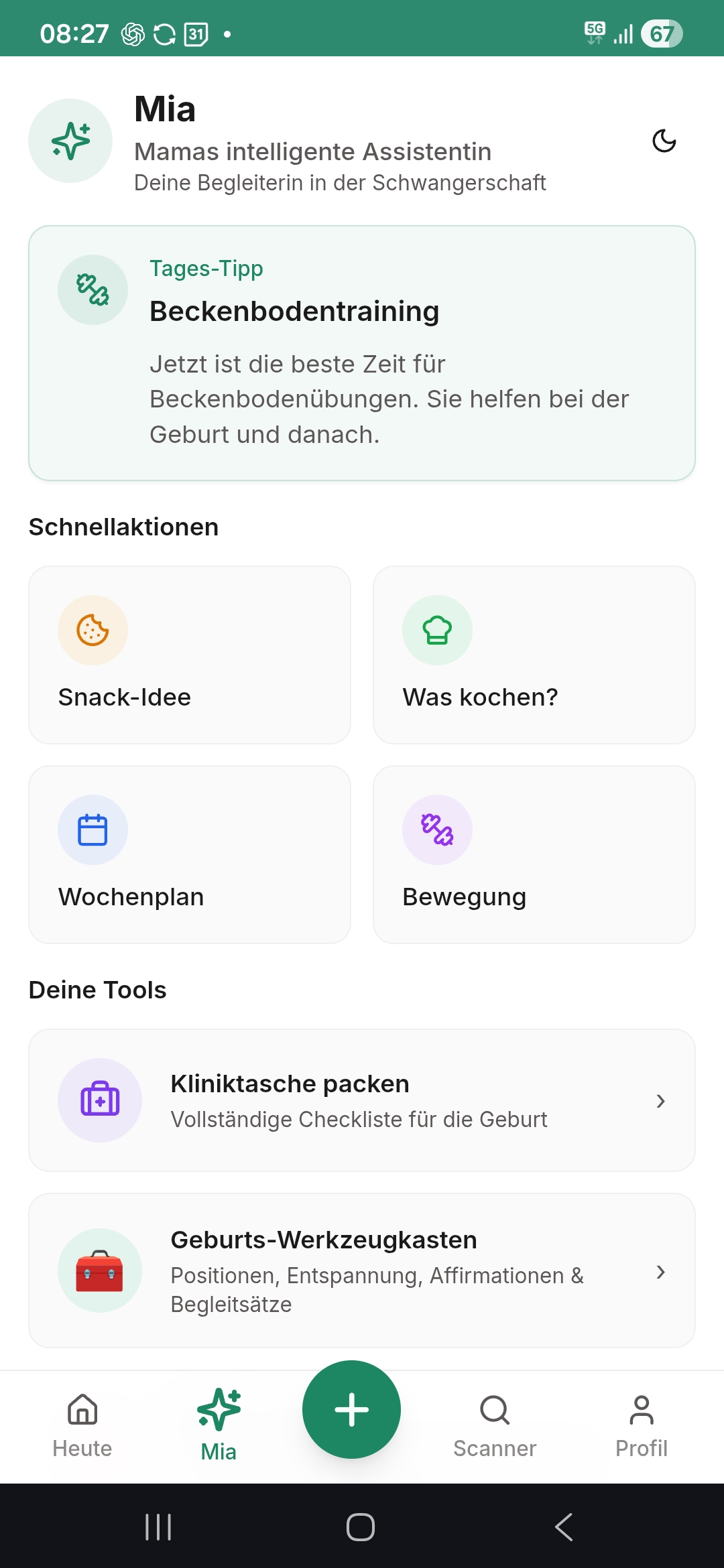 Mia KI-Assistentin im Schwangerschafts-Kontext mit Tages-Tipp