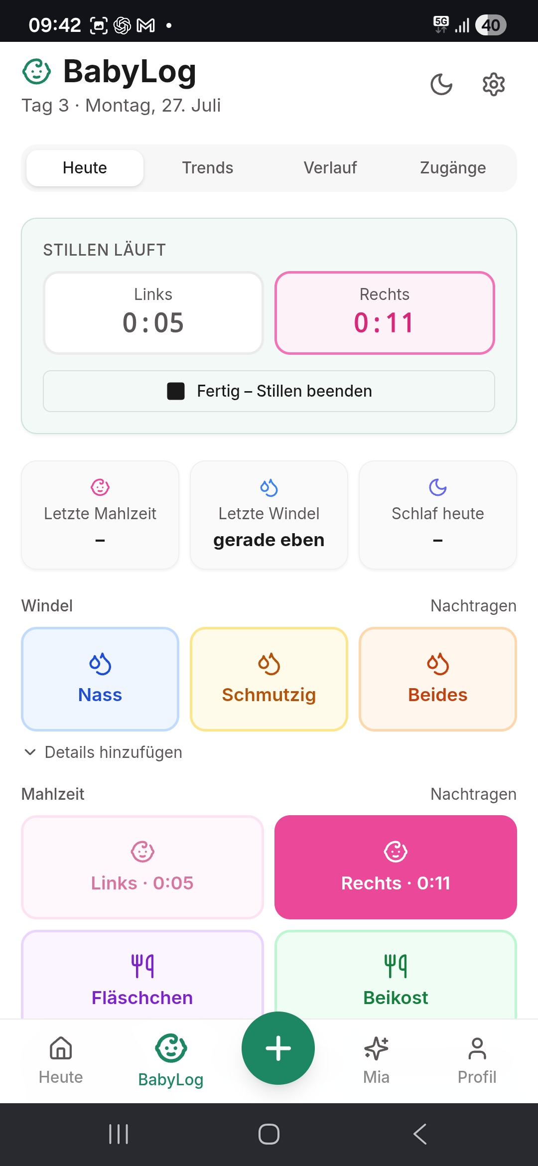 BabyLog Baby-Tagebuch mit STILLEN-Timer und Windel-Buttons