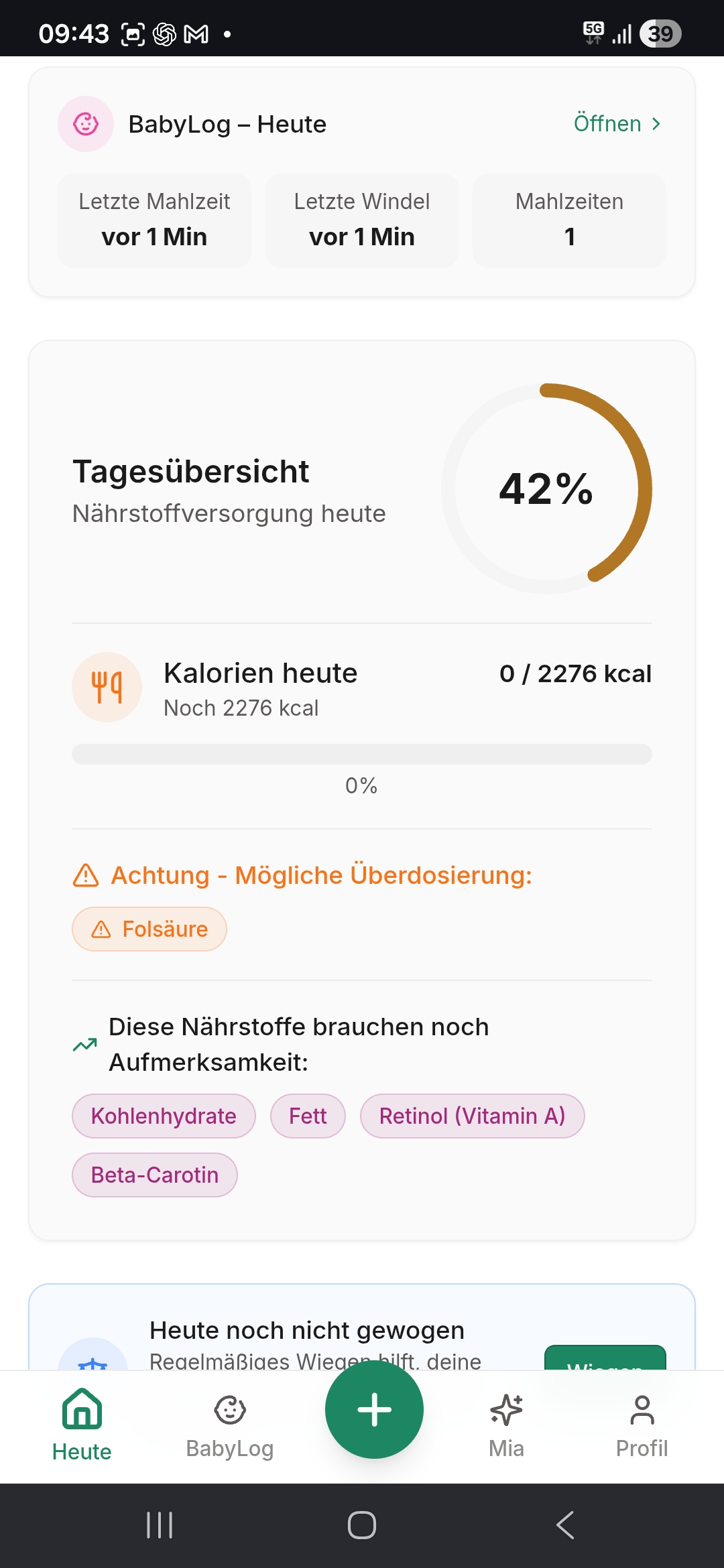 Stillzeit-Dashboard mit BabyLog-Karte und Tagesübersicht in MamaNutrition