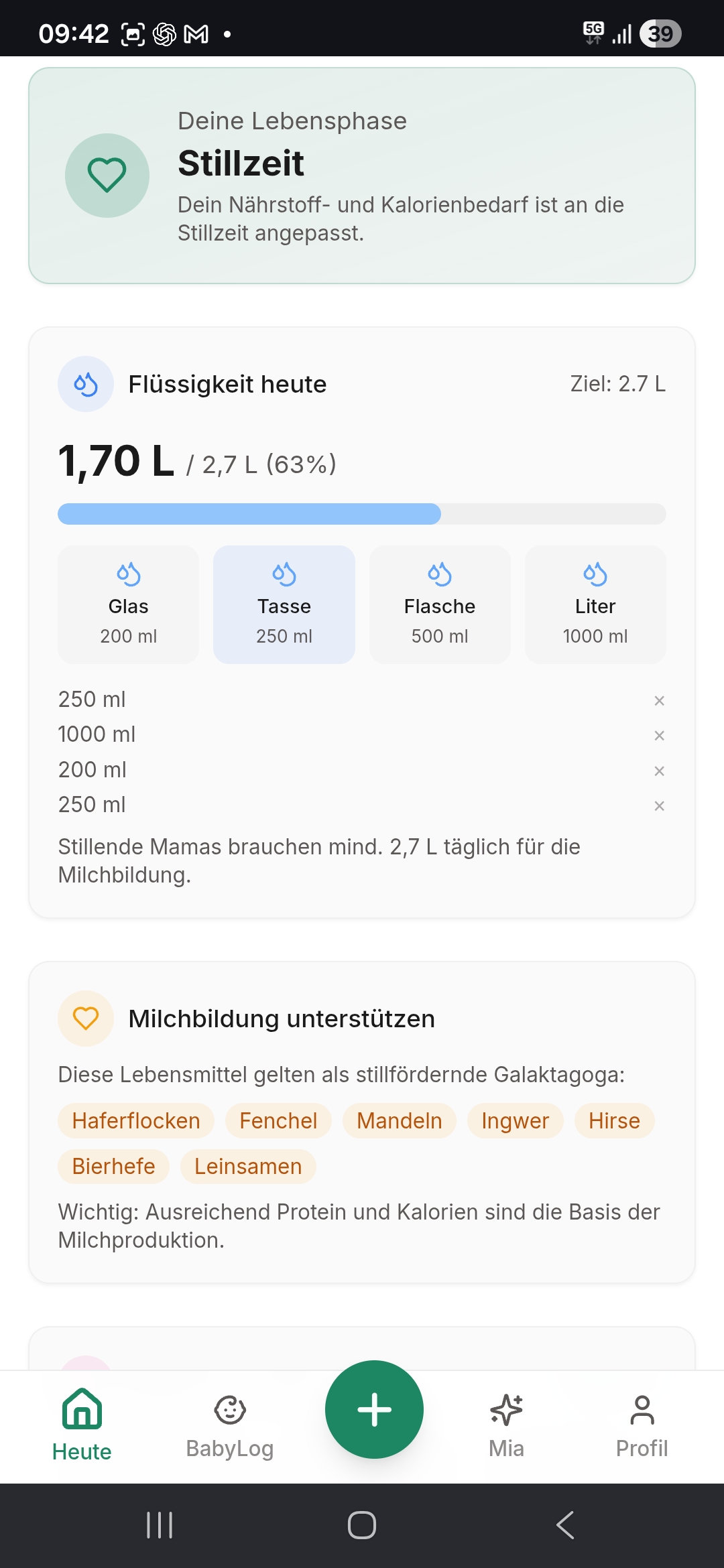 Flüssigkeits-Tracking 1,70 l / 2,7 l und Milchbildungs-Empfehlungen in MamaNutrition