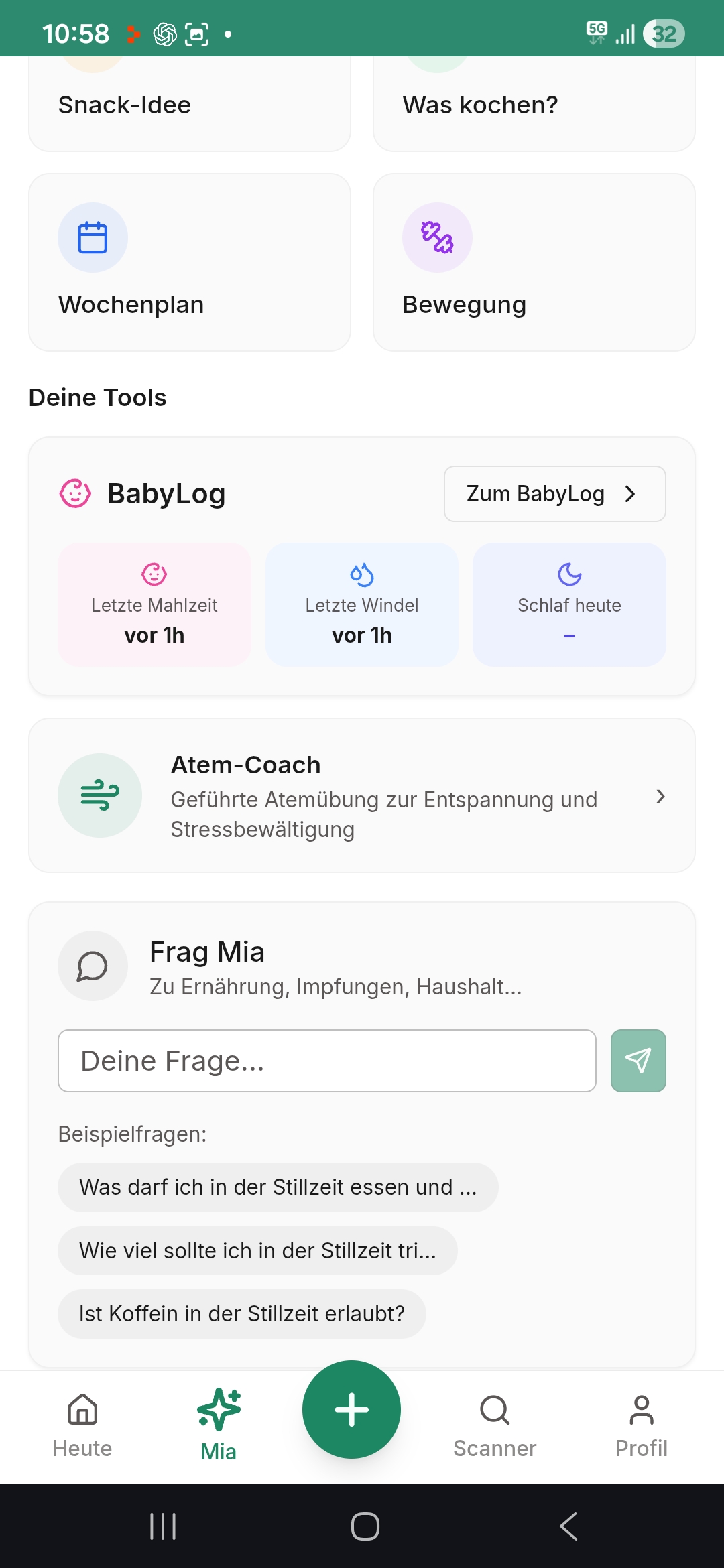 Mia KI-Assistentin mit BabyLog-Widget und Stillfragen in MamaNutrition