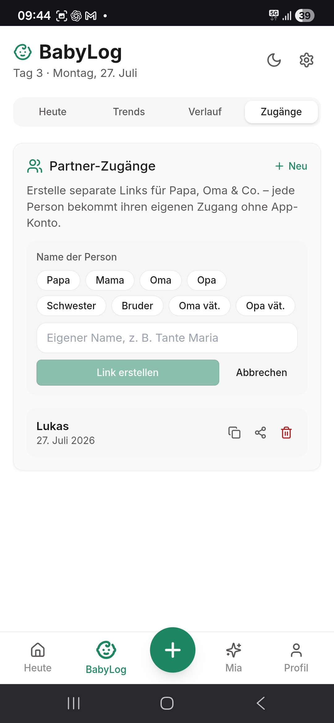 BabyLog Partner-Zugänge mit Link erstellen in MamaNutrition