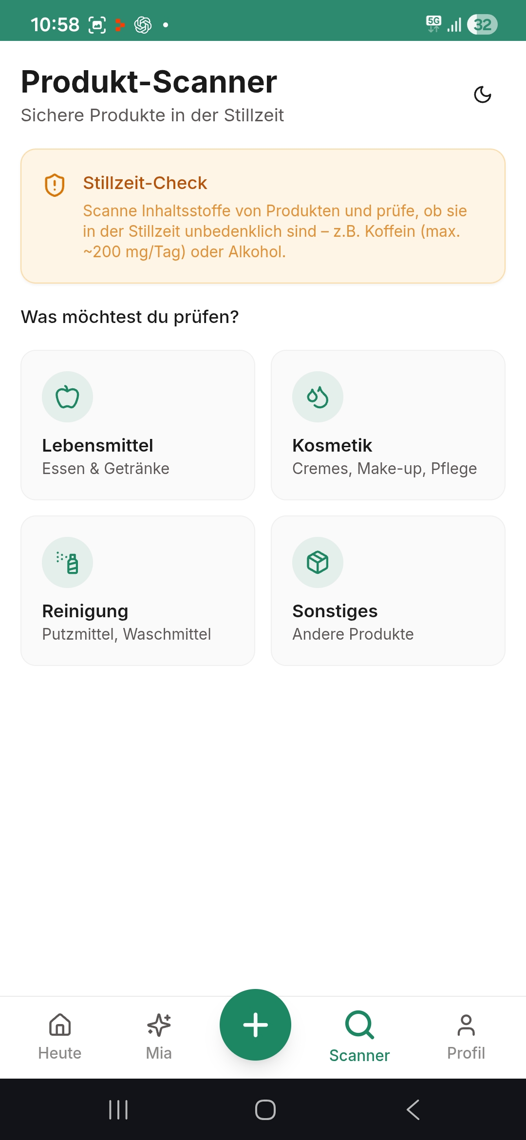 Produkt-Scanner mit Stillzeit-Check-Banner in MamaNutrition